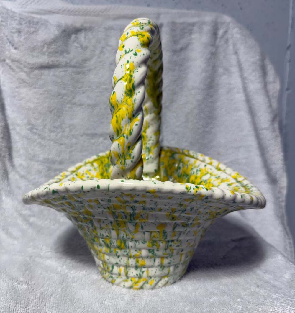 Atlantic Mold Ceramic Basket Yellow And Green Splatter